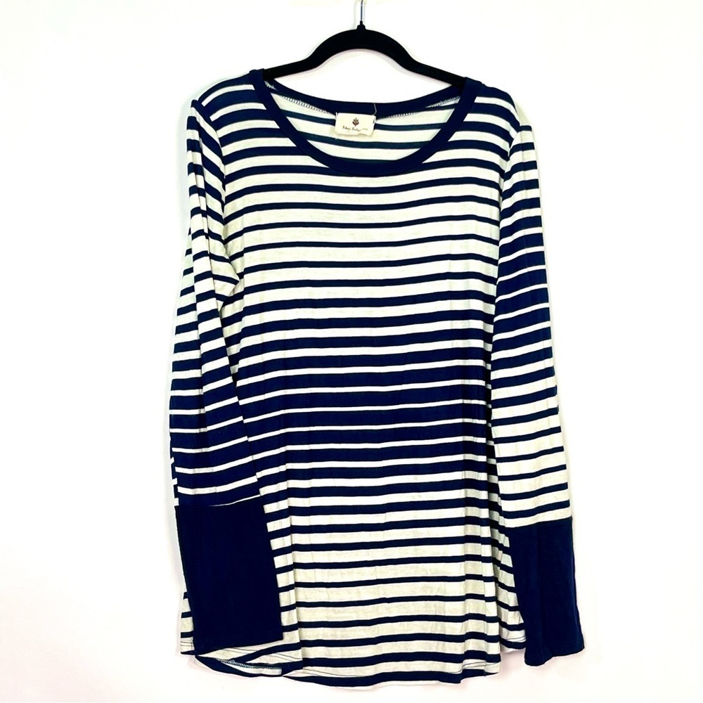 Betsey’s Boutique Navy Blue White Striped Long Sleeve Shirt Sz Large